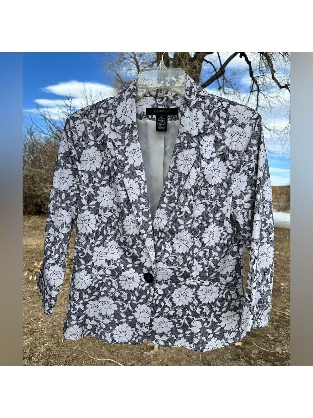 89th & Madison Floral Spring Blazer Womens Medium Gray & White 3/4 Sleeves Lined
